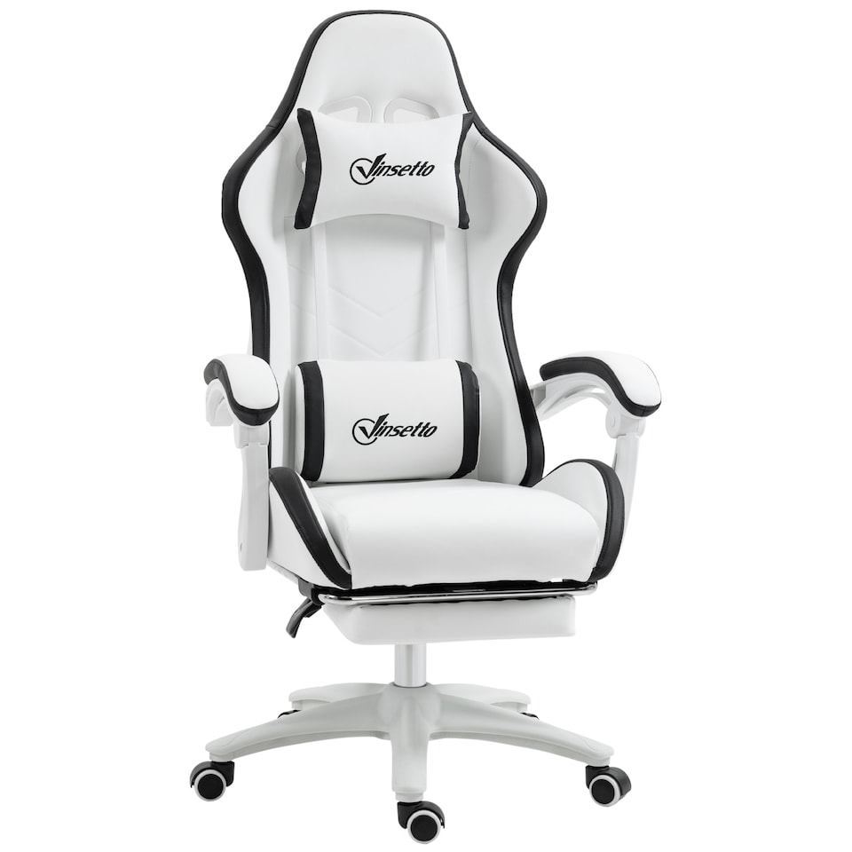 image 1 of Vinsetto Computer Gaming Chair, PU Leather Office Desk Chair with Footrest, Swivel Wheels, 135 Reclining Back, Lumbar Support, Headrest for Home, White and Black