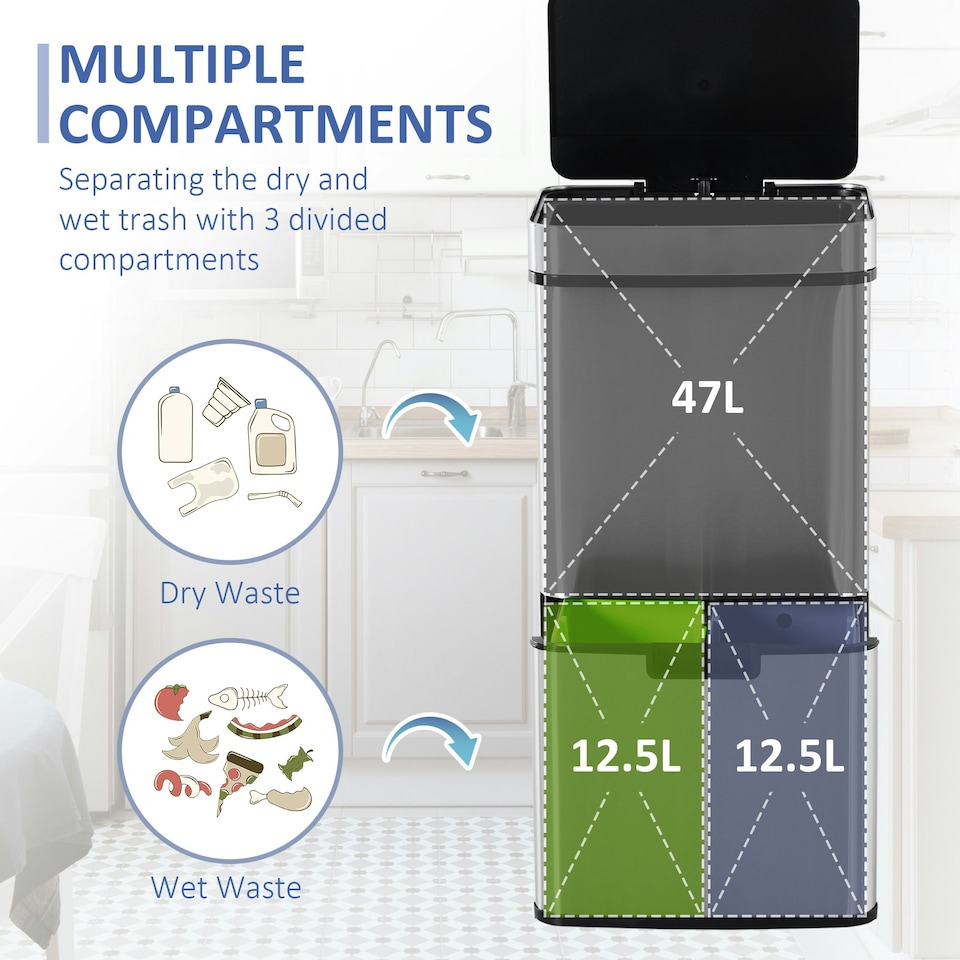 image 1 of HOMCOM Motion Sensor Rubbish Bin, 3 Compartments Removable Lid Stainless Steel Silver