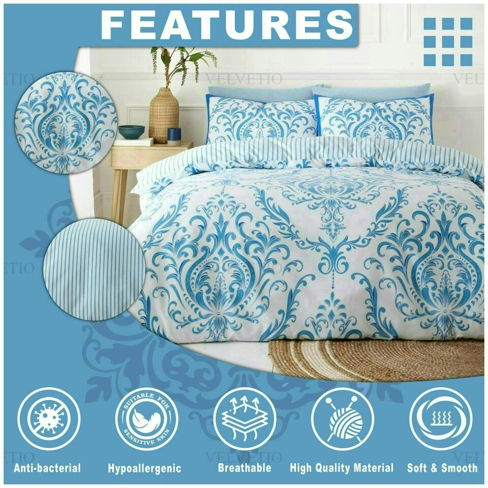 image 1 of VELVETIO Margaux Printed Duvet Cover Set Reversible Polycotton Easy Care Beddings Blue | Single