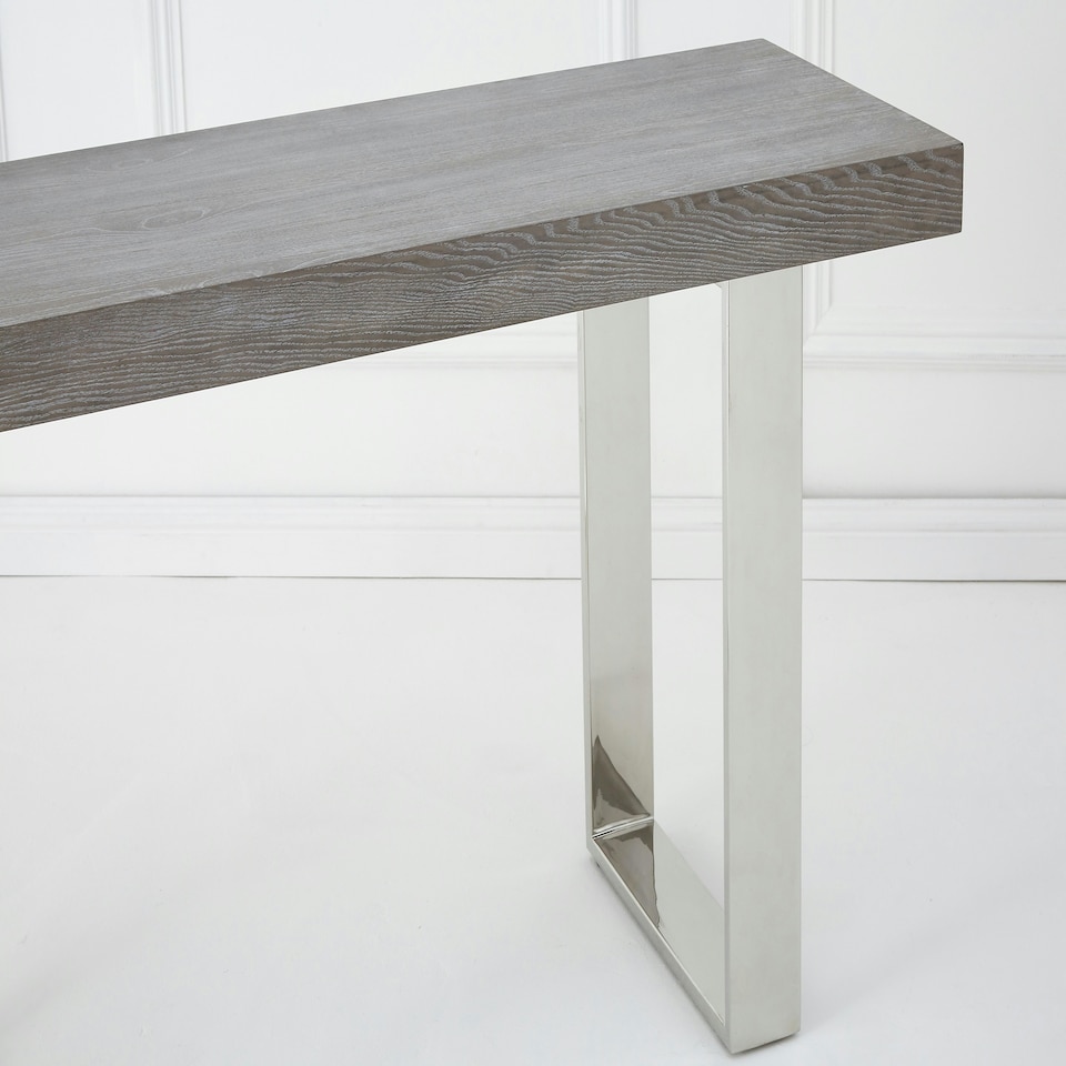 image 1 of Interiors by Premier Contemporary Grey Elm Wood Console Table, Luxe Natural Elm with Stainless Steel Legs, U-Shape Hallway Table Grey