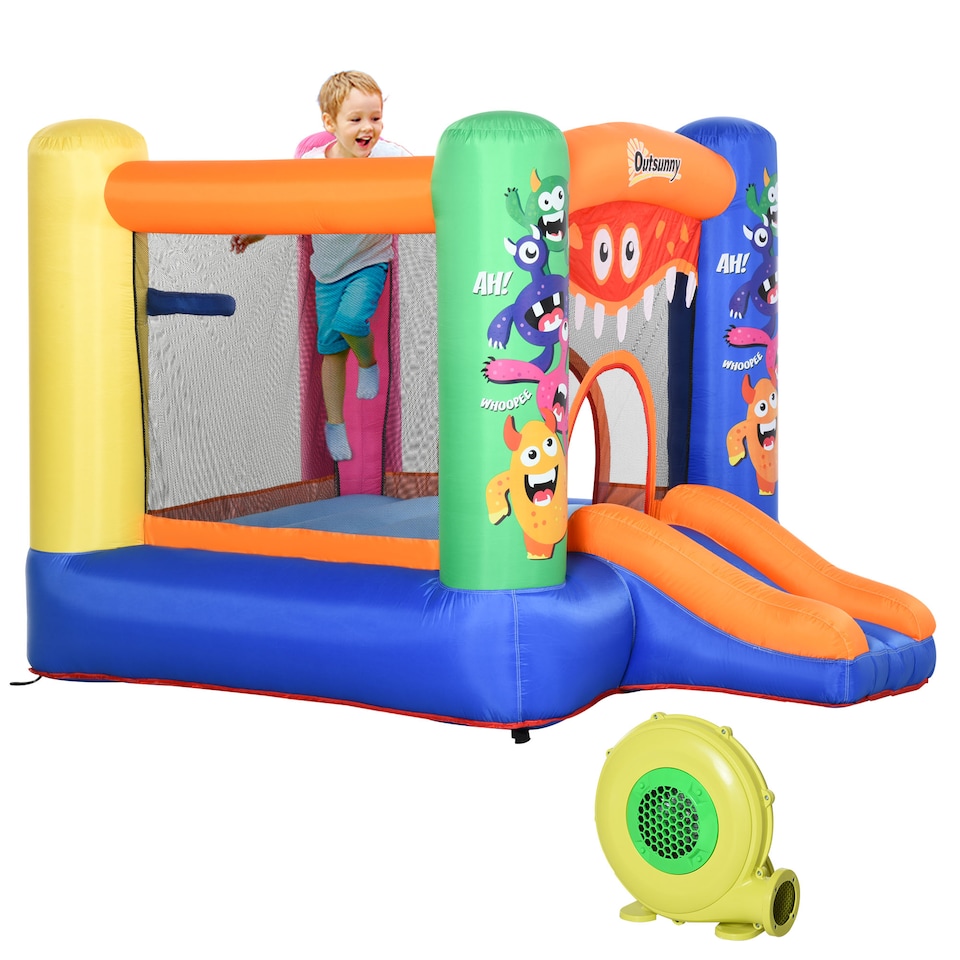 image 1 of Outsunny Bouncy Castle with Slide Basket Trampoline Monster Design