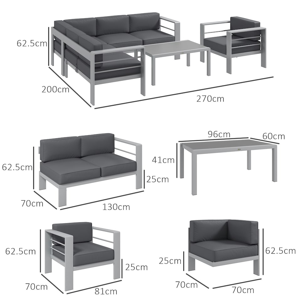 image 1 of Outsunny 5 PCs Garden Sofa Set w/ Cushions, Aluminium Furniture Sets, Grey