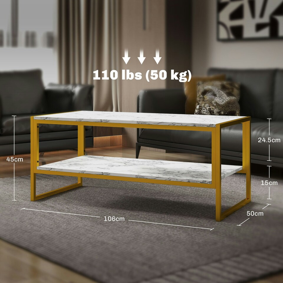 image 1 of HOMCOM Two-Tier Coffee Table with Marble Effect Shelf and Metal Frame White