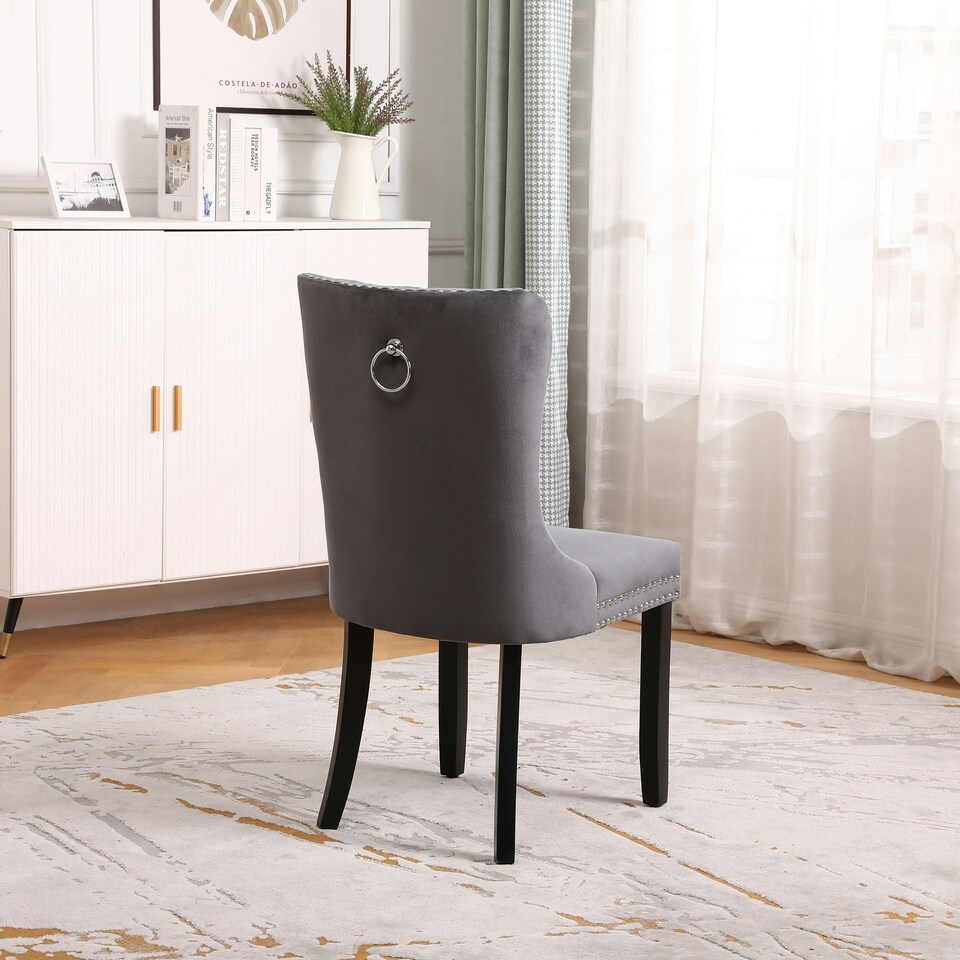 image 1 of Dark Grey Set of Six Studded Velvet Dining Chair with Ring Knocker Detail Grey | Dark Grey
