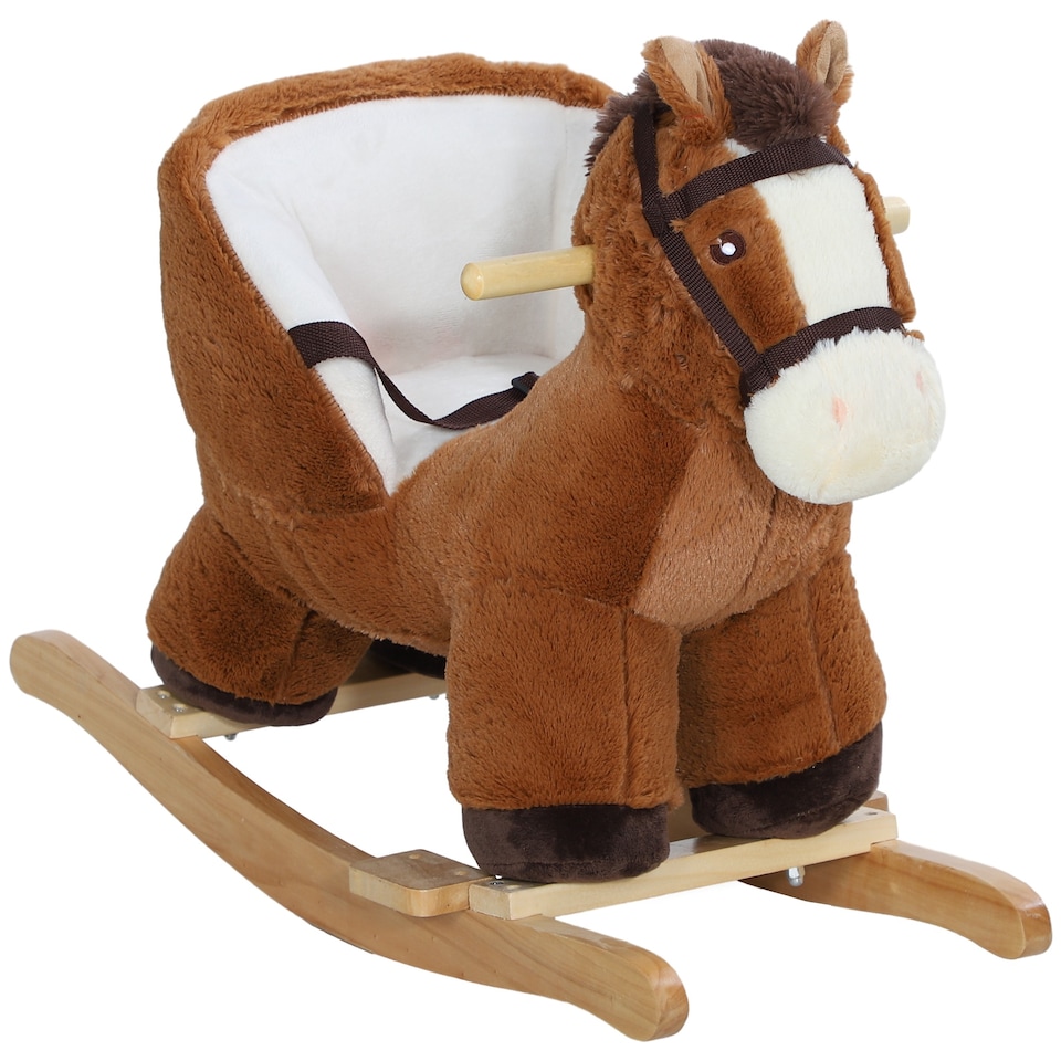 image 1 of AIYAPLAY Kids Rocking Horse, Plush Ride on Horse, with Sound, Wood Base, Seat Safety Belt, for Ages 18-36 Months, Brown
