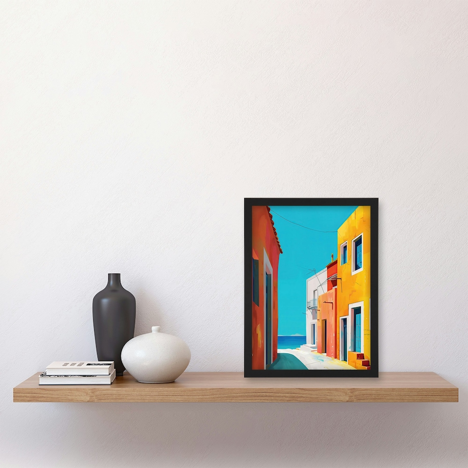 image 1 of Bright Colourful Mediterranean Italian Beach Houses Black Framed Wall Art Print A4