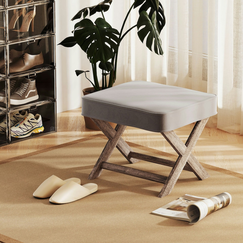 image 1 of HOMCOM Vintage Footstool Padded Seat X Shape Chair Velvet Cover Shabby Grey