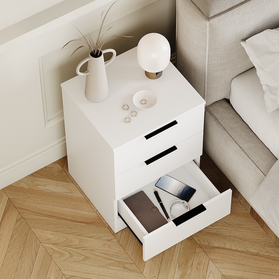 image 1 of Vida Designs Trega 3 Drawer Bedside Chest Bedroom Storage Unit, (H) 50cm x (W) 39cm x (D) 28cm, White