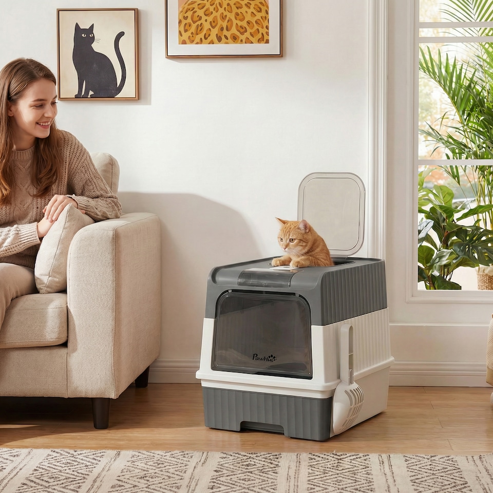 image 1 of PawHut Cat litter Box, Enclosed Cat Litter Box w/ Lid, Pull-Out Drawer Tray