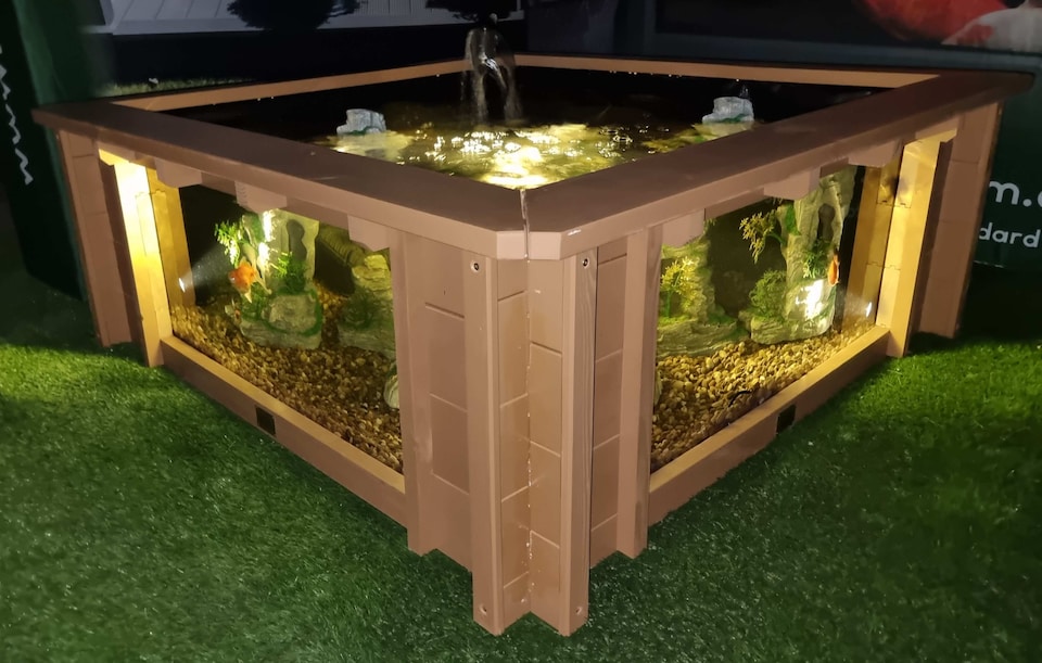 image 1 of Raised square pond with large windows Lotus Clear View Garden Aquarium in Natural Brown