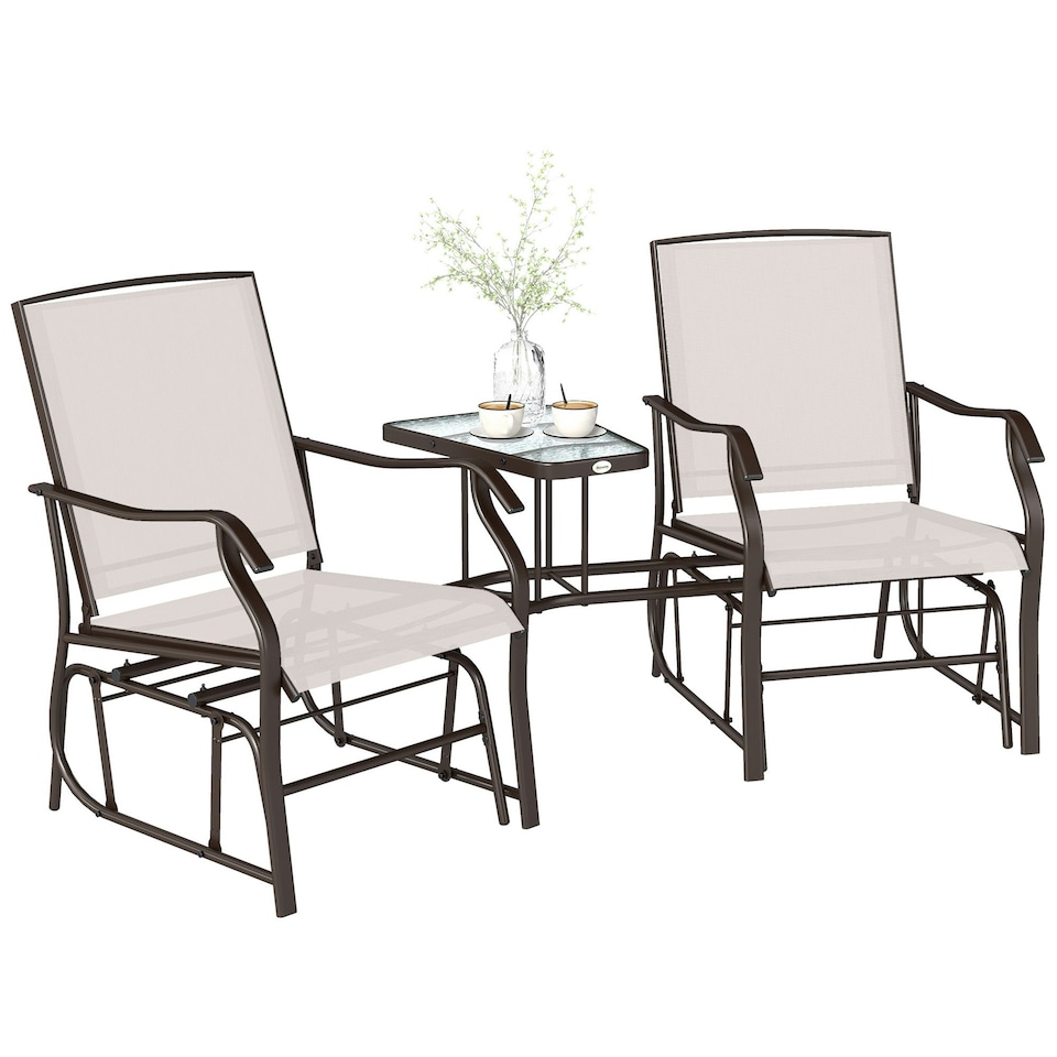 image 1 of Outsunny Double Glider Companion Rocking Chairs Loveseat Garden Table Beige