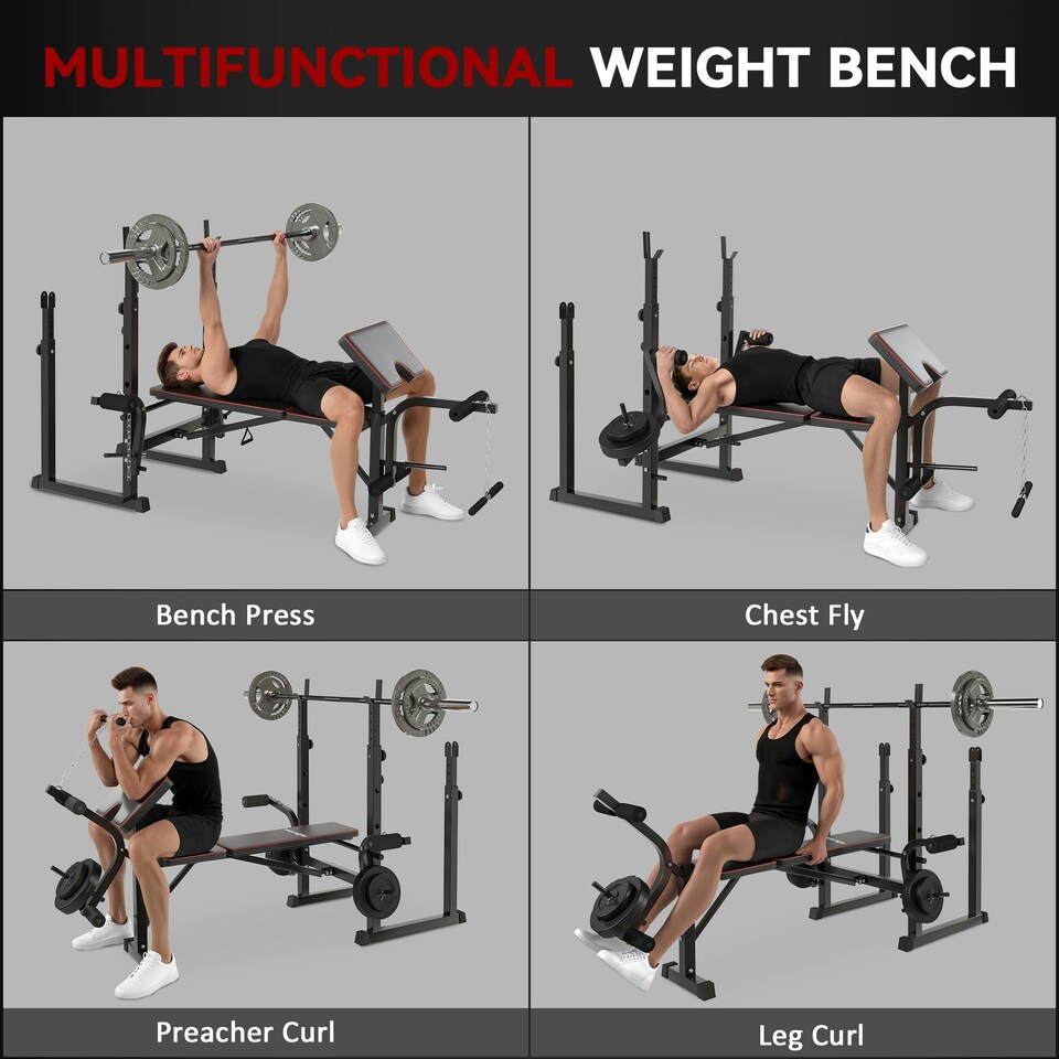 image 1 of SPORTNOW Weight Bench with Two Barbell Racks, Preacher Curl Bench
