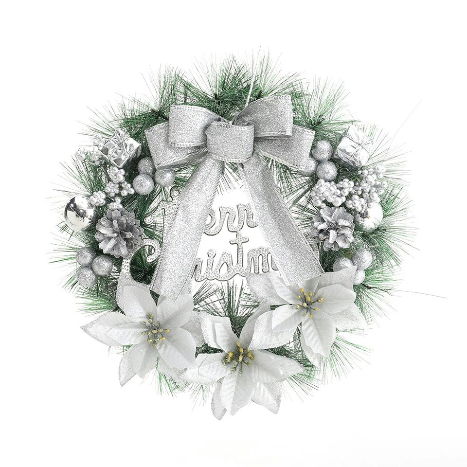 image 1 of Living and Home Christmas Wreath with Mixed Silver Decorations - 30cm