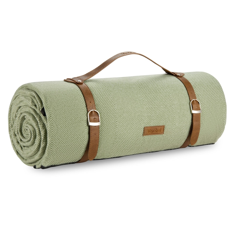 image 1 of VonShef Picnic Blanket, Large Green Herringbone Rug with Waterproof Back, 300x200cm Green