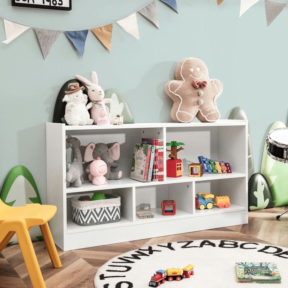 image 1 of COSTWAY Kids Storage Shelf 5-Cubby Wooden Bookcase White | White