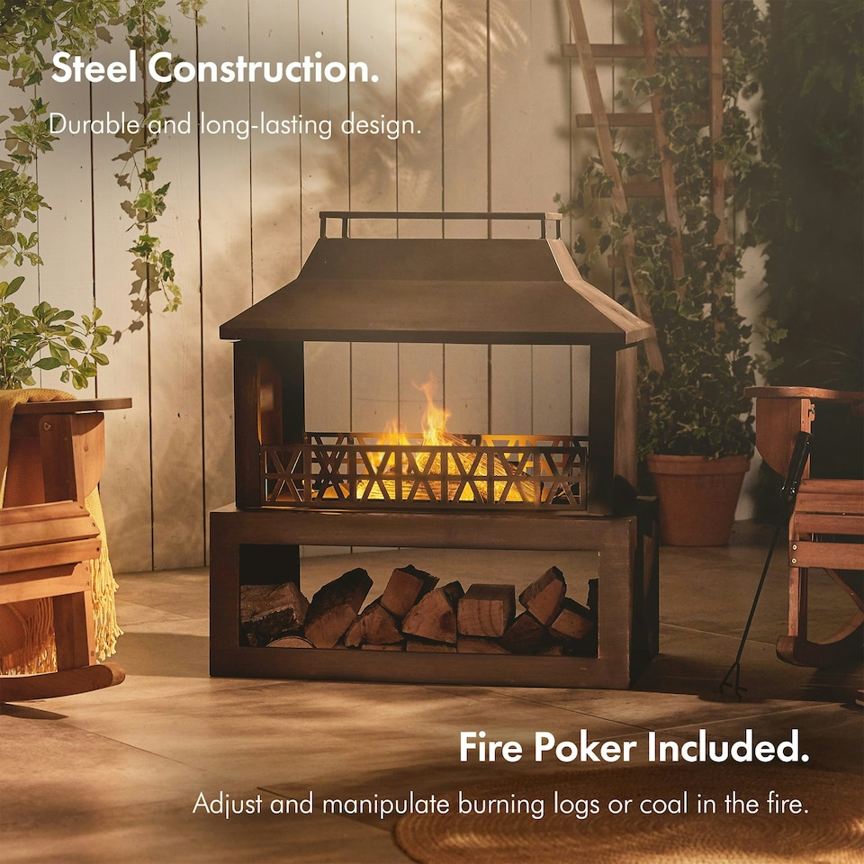 image 1 of VonHaus Outdoor Fireplace Fire Pit with Log Storage