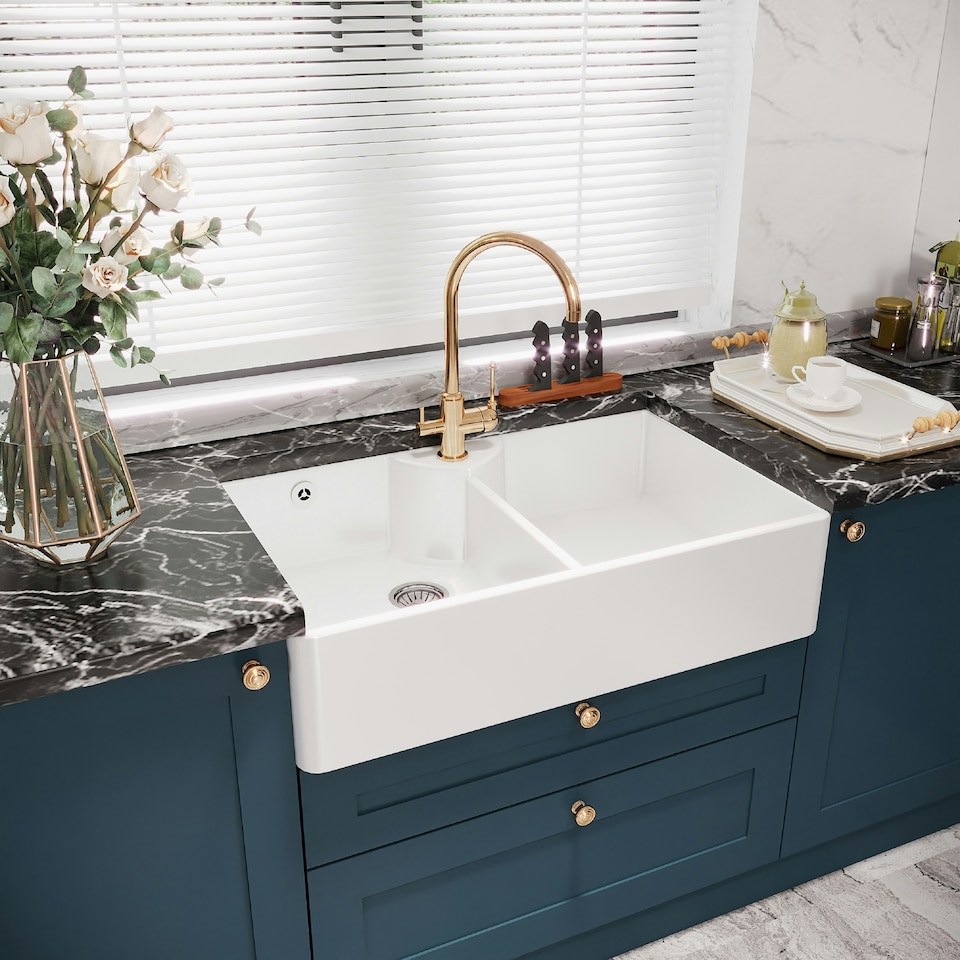 image 1 of 895mm - Double Bowl Fireclay Butler Kitchen Sink - Stepped Weir, Tap Hole & Waste