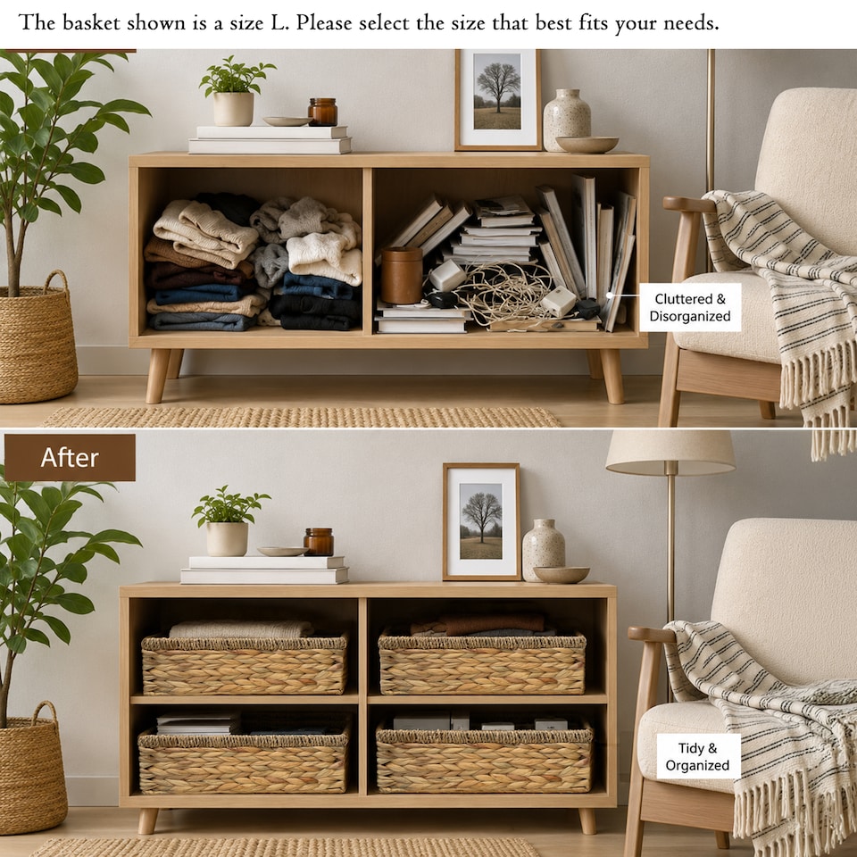 image 1 of Wickerfield Shallow Woven Water Hyacinth Basket, Wicker Hamper Basket with Handle, Storage Baskets for Bathroom Toys Gift with Seagrass Border (Medium)