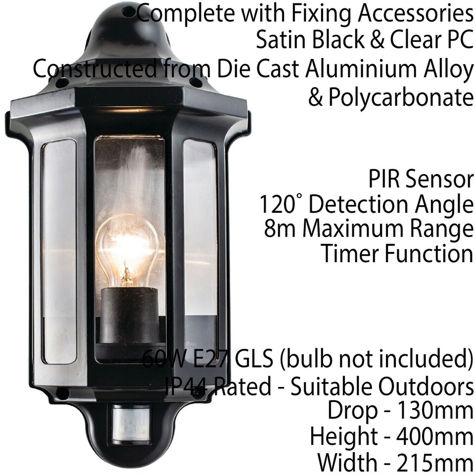 image 1 of IP44 Outdoor Wall Light Satin Black PIR Half Lantern Traditional Dimmable Porch