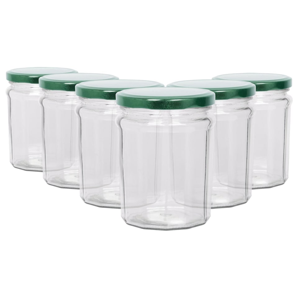 image 1 of Argon Tableware Glass Jam Jars with Green Lids - 380ml - Pack of 6
