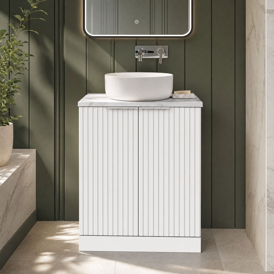 image 1 of Balterley Callingwood Contemporary Floor Standing 2 Door Vanity Unit with Carrera Marble Laminate Worktop , 600mm, Matt White