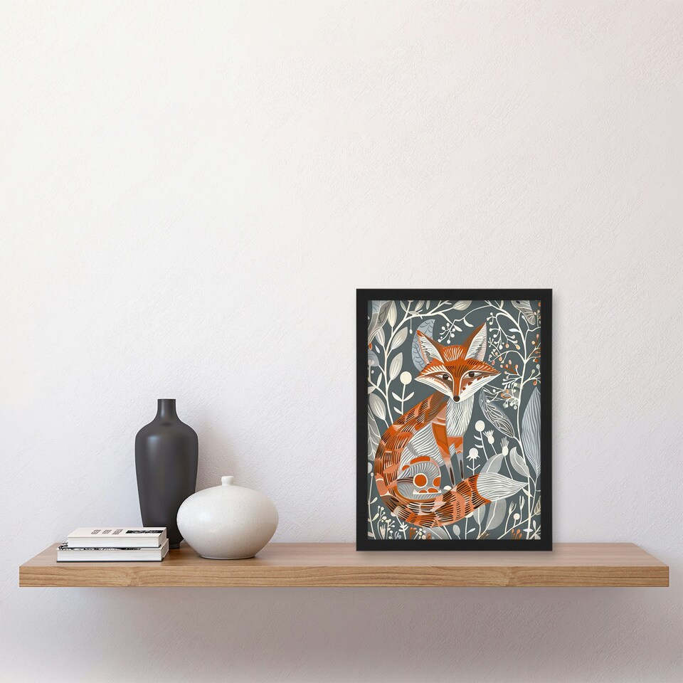 image 1 of Woodland Folk Art Grey Rustic Wildflowers Black Framed Wall Art Print A4