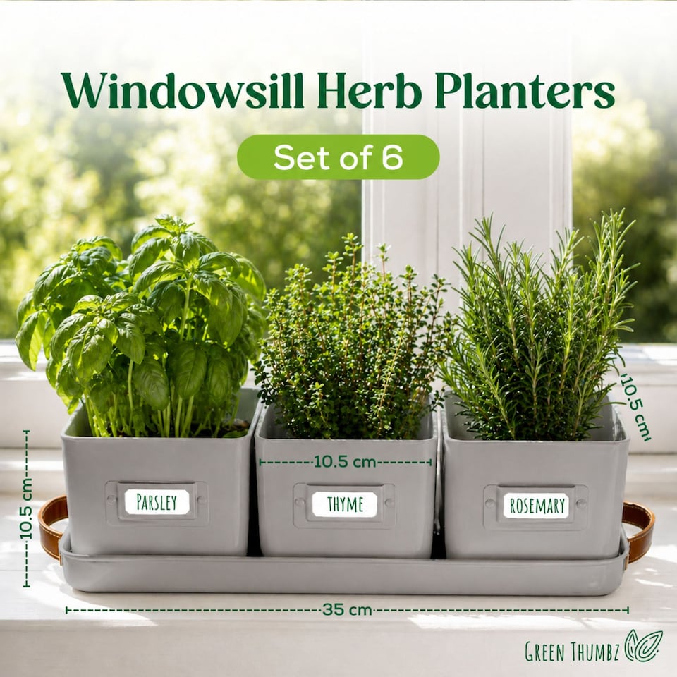 image 1 of Set of 6 Grey Indoor Herb Pots with Tray