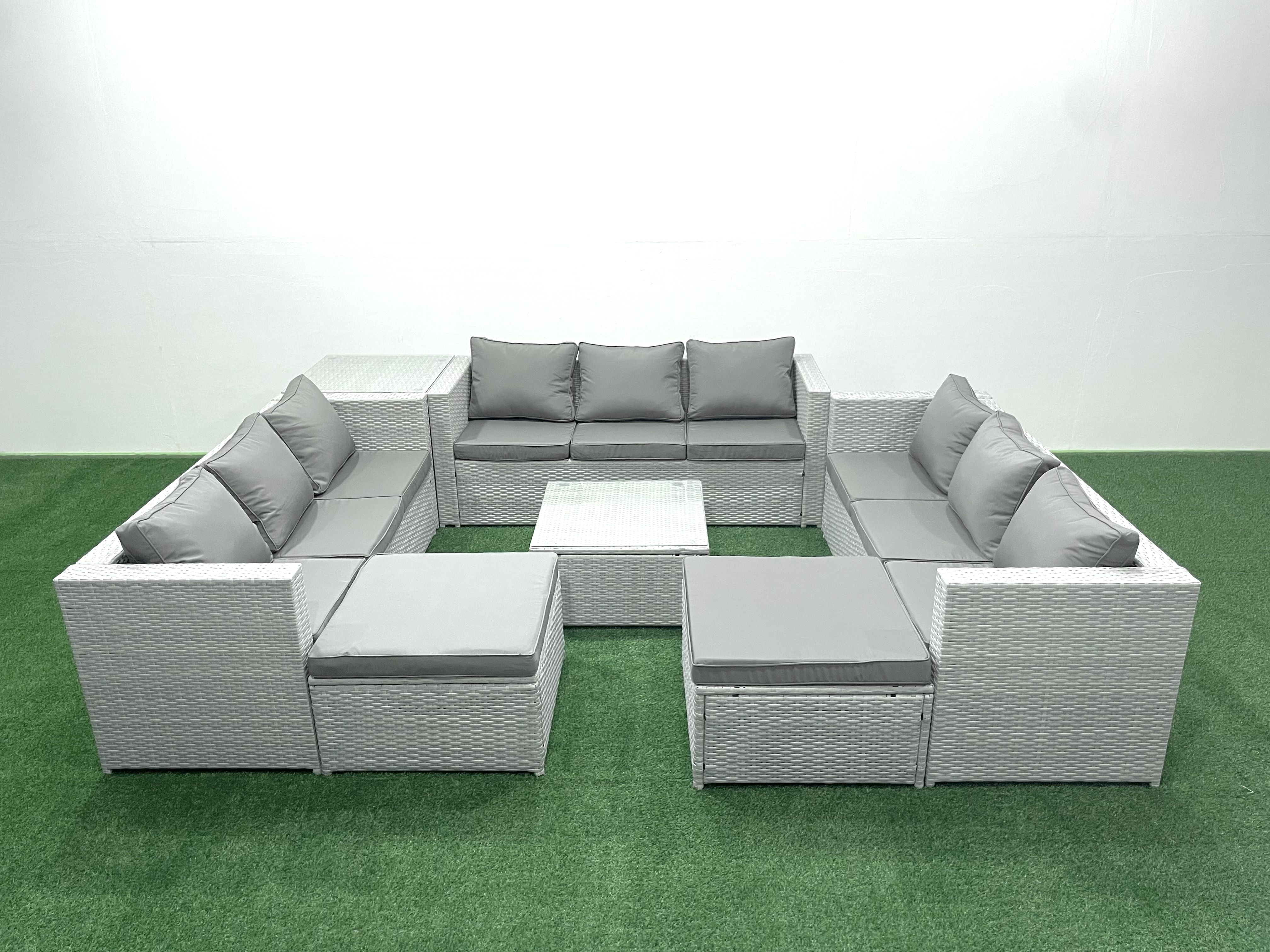 Fimous Rattan Garden Outdoor Furniture Set 11 Seater Rattan Garden Sofa Set with 2 Big Footstools Side Table Light Grey Mixed