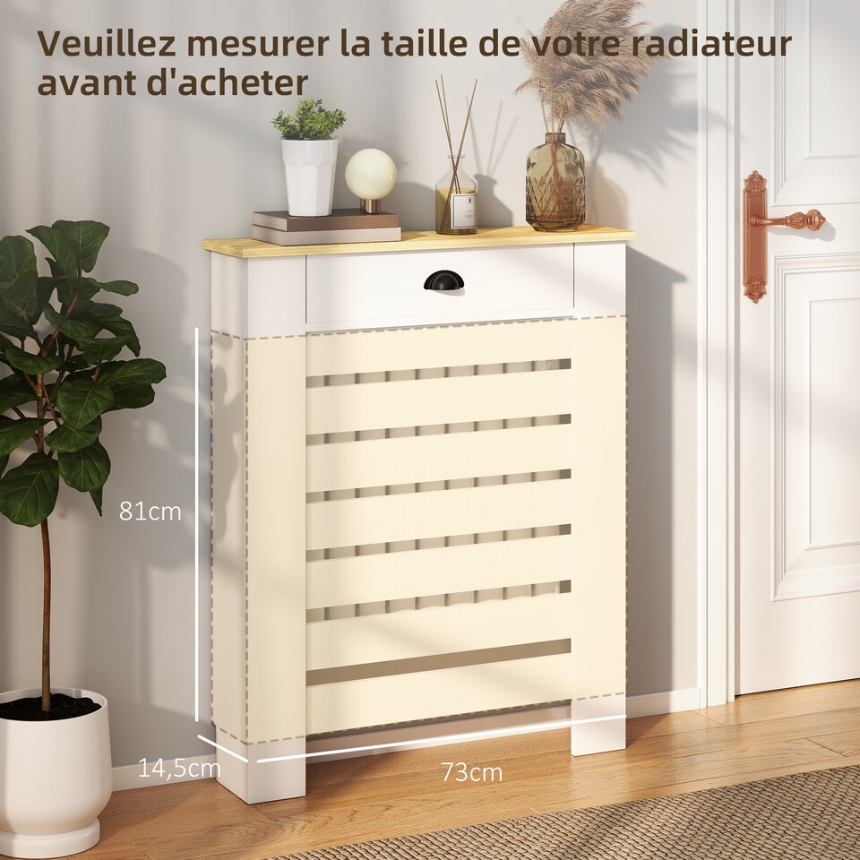 image 1 of HOMCOM Radiator Cover with Drawer, Horizontal Slat, 78cm, White | White | White with wood-effect top | 1