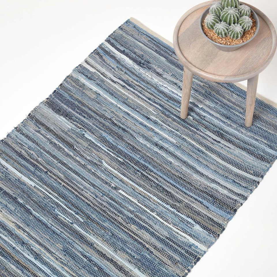 image 1 of Homescapes Blue Denim Handwoven Striped Chindi Rug - 150 x 240 cm Blue | 150 x 240 cm