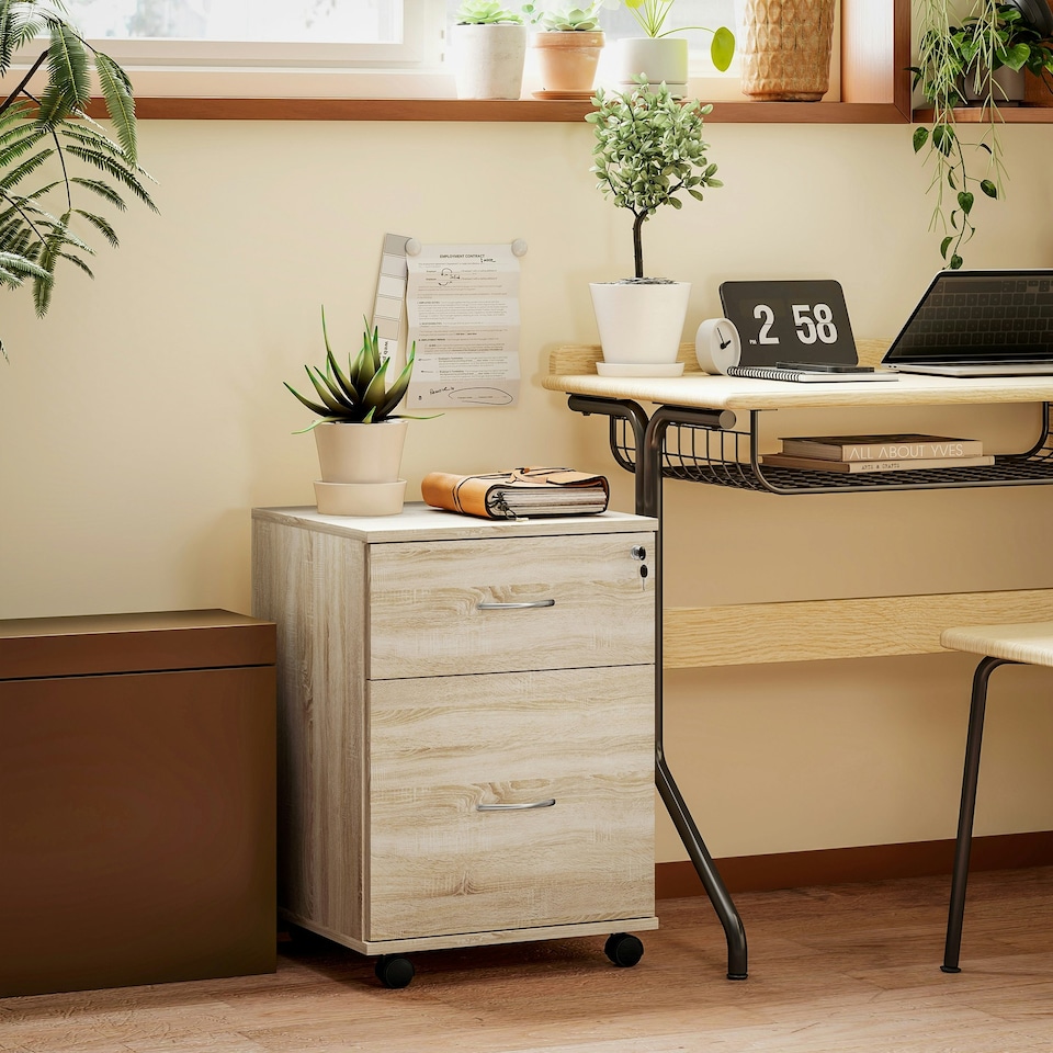 image 1 of HOMCOM Pedestal Office Mobile Filing Cabinet 2 Drawer Wooden Storage Oak