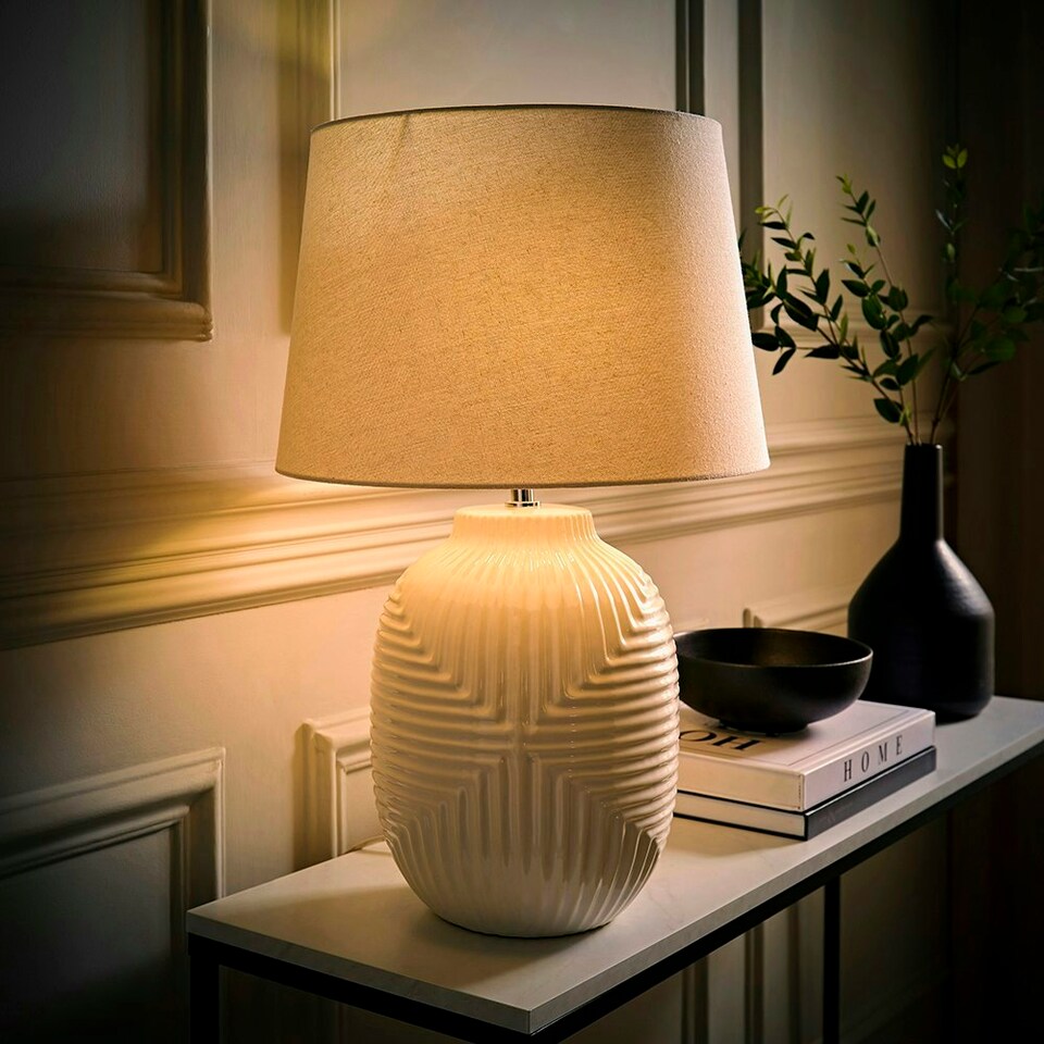 image 1 of ValueLights Harrison Taper Shade White Geo Ribbed Pattern Gloss Large Table Lamp with Bulb White