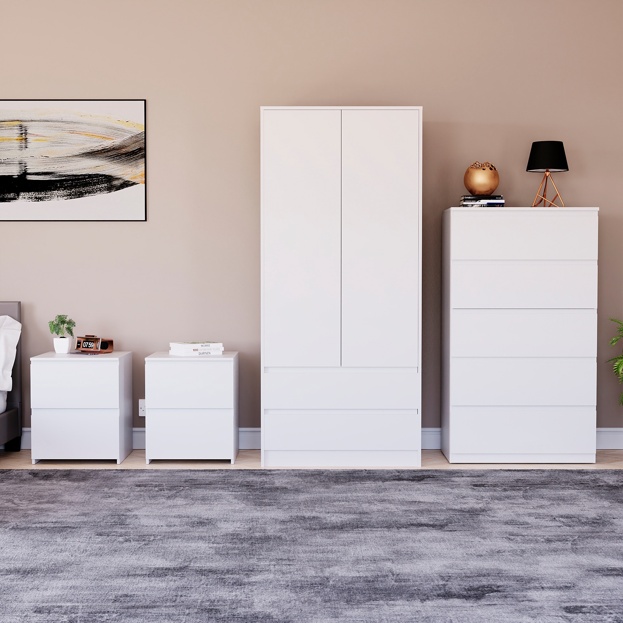 Vida Designs Denver 4 Piece Bedroom Set (2 Drawer Large Bedside Chest x2, 5 Drawer Chest, 2 Door 2 Drawer Wardrobe), White