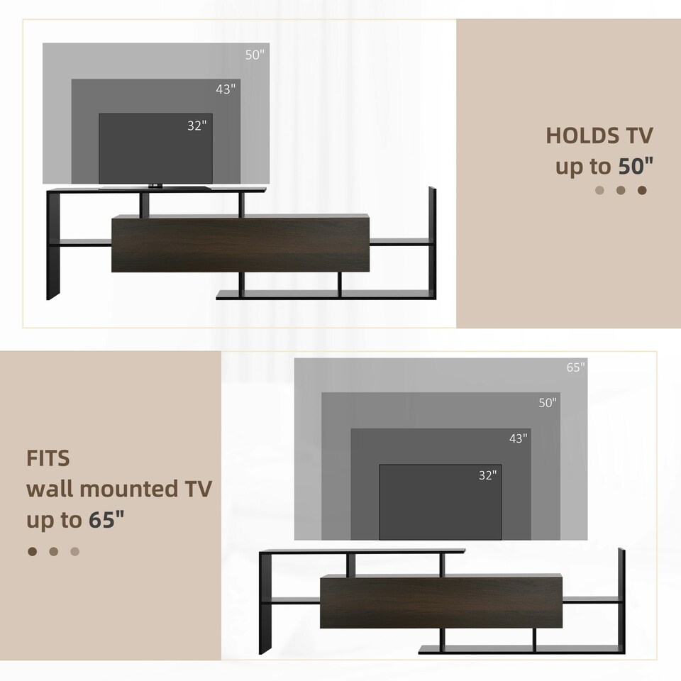 image 1 of TV Unit Cabinet for TVs up to 65 Inches w/ Wall Shelf and Storage Cabinet Black