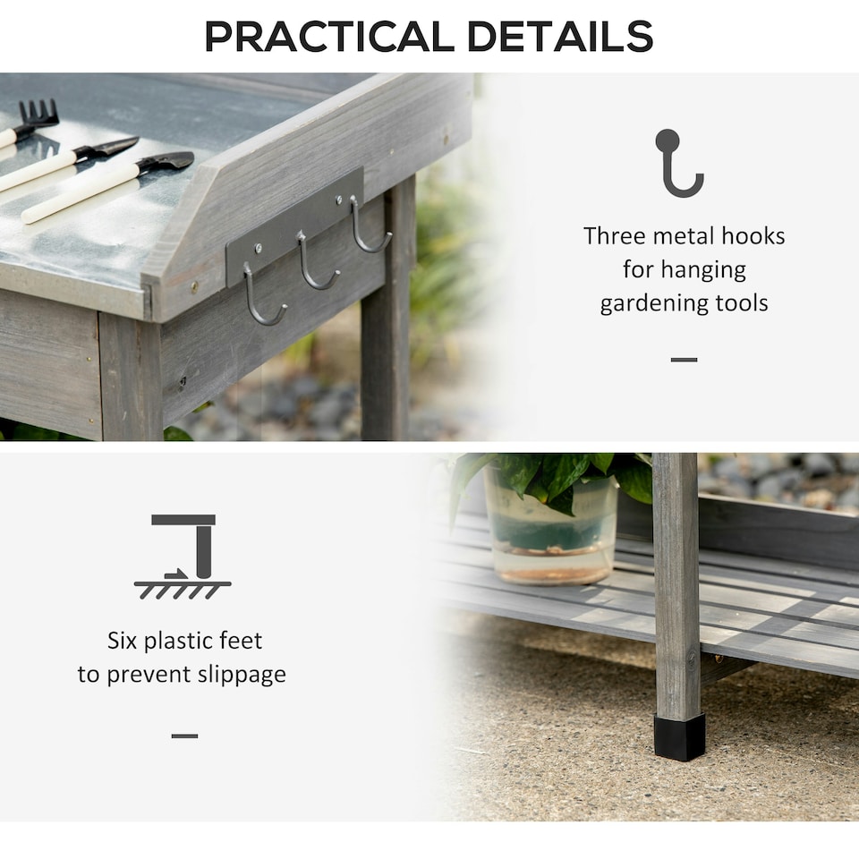 image 1 of Outsunny Garden Potting Table Workstation w/ Metal Tabletop, Drawer, Shelves 
