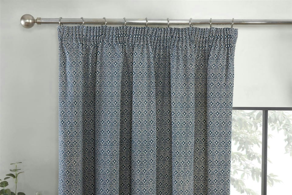 image 1 of Aztec Pencil Pleat Curtain Pair - Blue - 117cm x 183cm