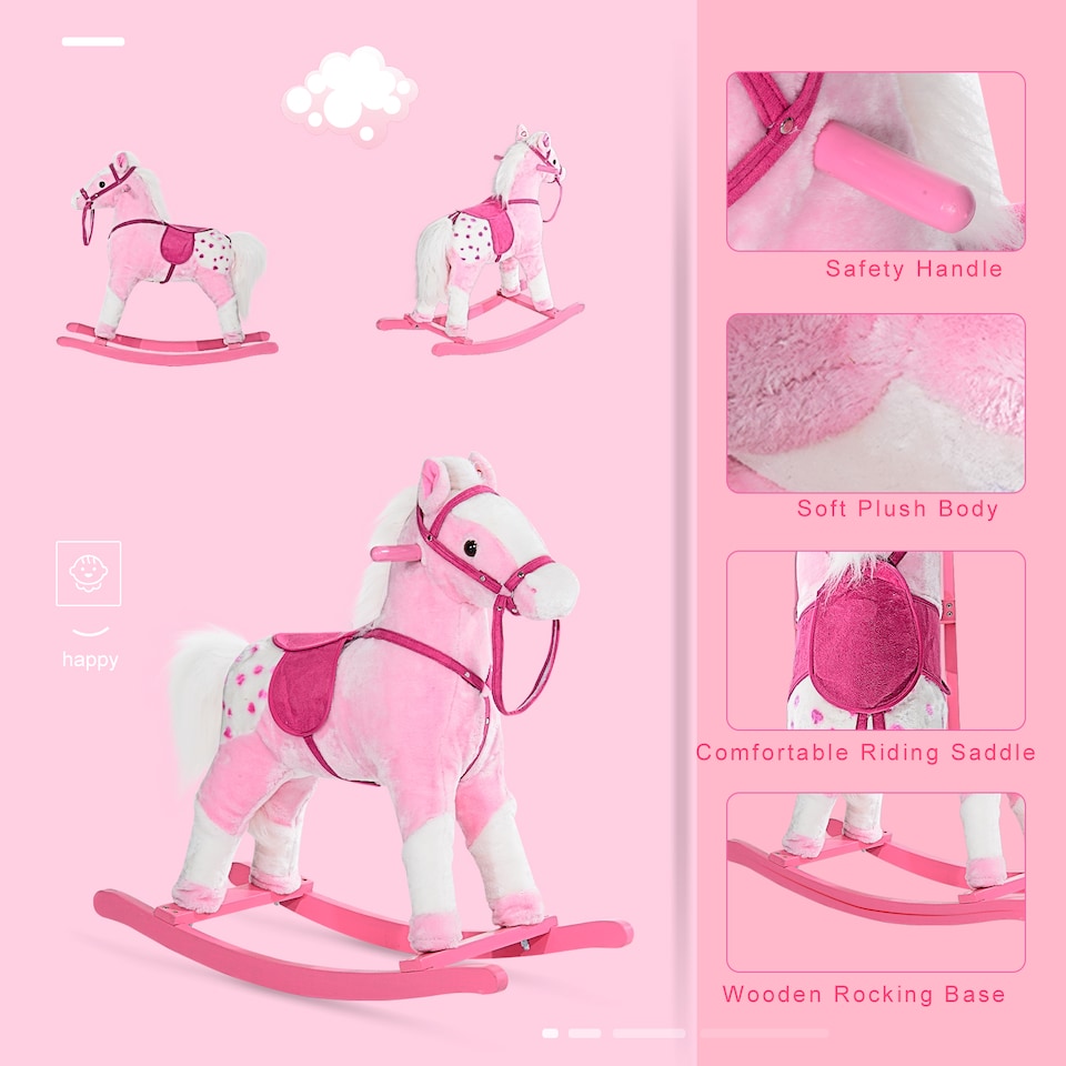image 1 of HOMCOM Rocking Horse Toy Plush Wood Pony Riding Rocker Neigh Sound Pink