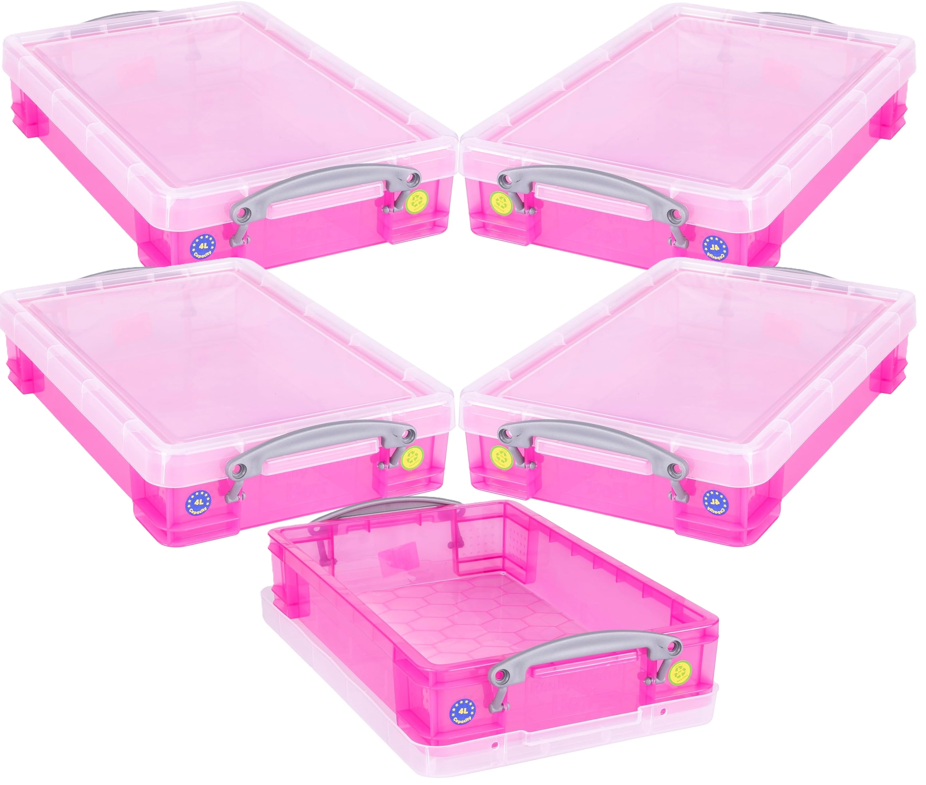 Really Useful Plastic Storage Box 4 Litre Transparent Pink Pack of 5
