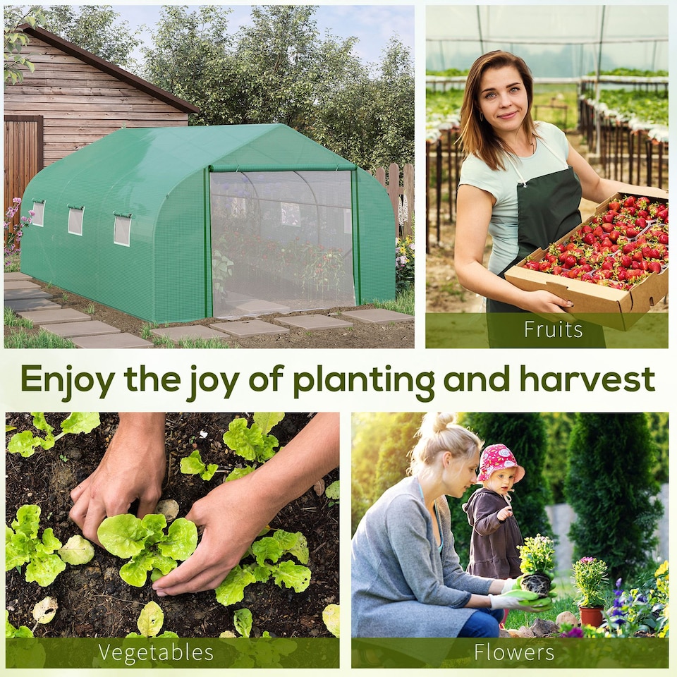 image 1 of Outsunny 4.5 x 3 x 2m Outdoor Tunnel Greenhouse w Roll Up Door 6 Windows Green