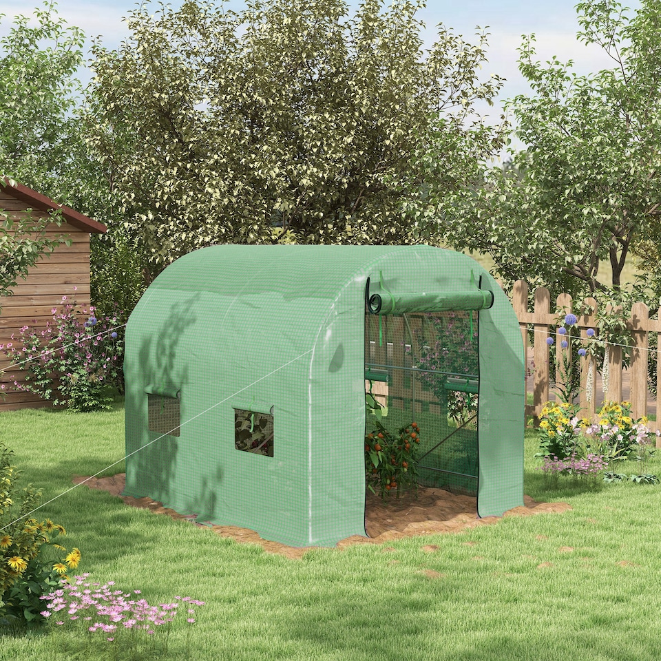 image 1 of Outsunny 2.5 x 2m Walk-In Polytunnel Greenhouse with Roll Up Door Windows Green