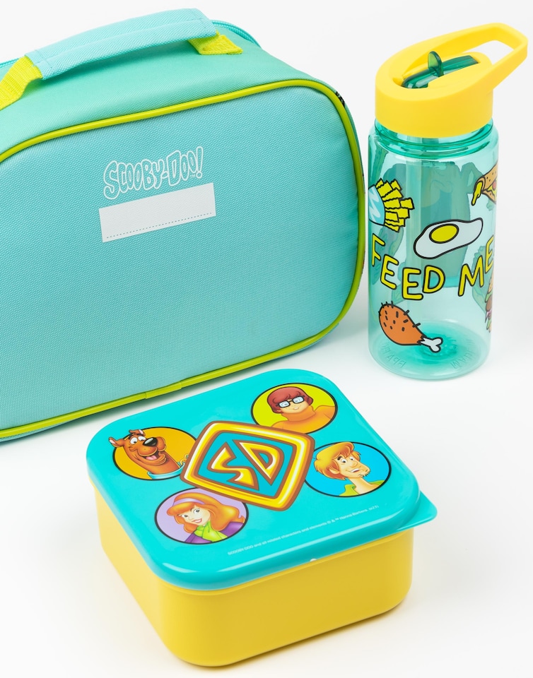 image 1 of Scooby-Doo Kids Lunch Box Set | 3 Piece Blue Mystery Machine Lunch Bag, Bottle and Snack Pot Set | Shaggy, Velma, Fred & Daphne Cartoon Tupperware Complete Matching Bundle | Back to School Gifts