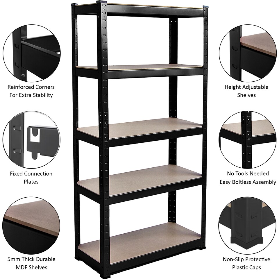image 1 of Home Vida 5 Tier Large Heavy Duty Garage Shelves Adjustable Steel Shelving Storage Units - Black - Holds Upto 875kg Per Bay - 3 Bays