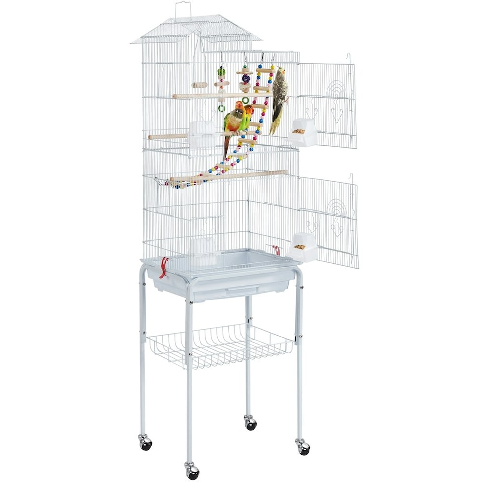 image 1 of Yaheetech 158.5 cm Tall Roof Top Birdcage with Rolling Metal Stand White