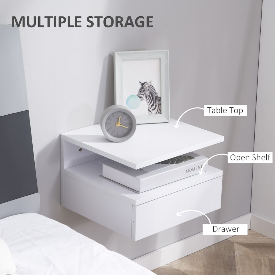 image 1 of HOMCOM Floating Bedside Table Set of 2, Wall Mount Nightstands with Storage Drawer and Open Shelf for Bedroom, White