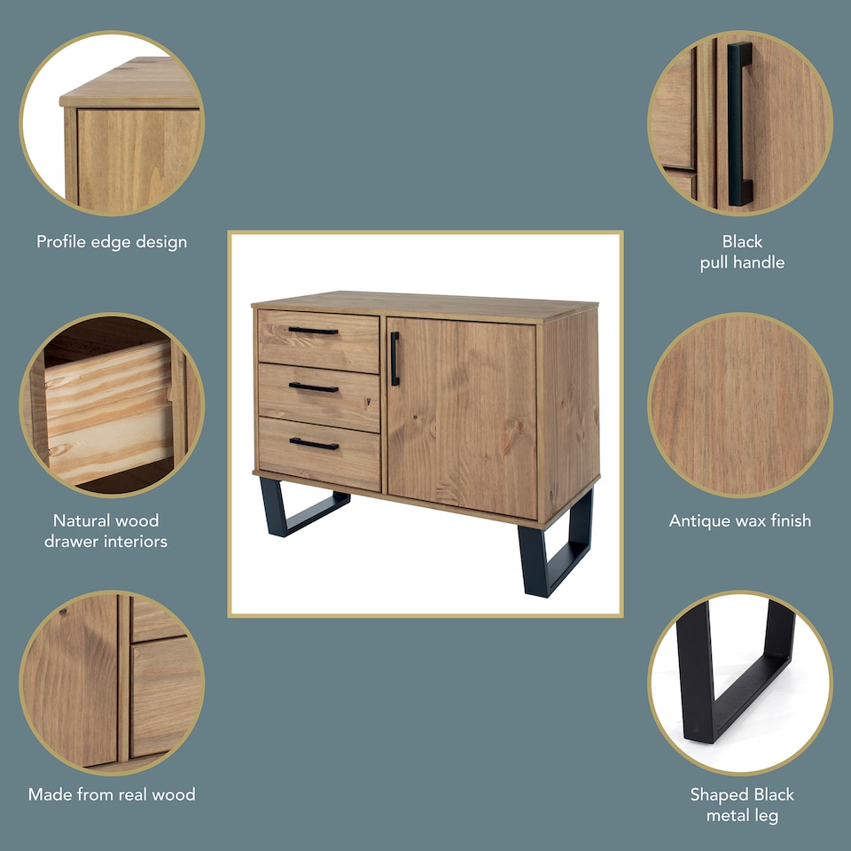 image 1 of Texas 1 Door 3 Drawer Sideboard in Antique Waxed Pine - Industrial Style with Metal Legs | Brown | Brown | One Size | 1