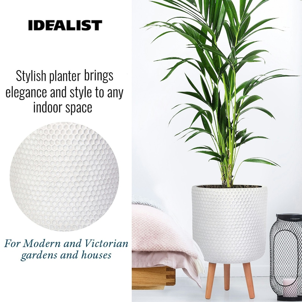 image 1 of Honeycomb Style White Cylinder Planter on Legs, Round Pot Plant Stand Indoor D31 H47 cm, 19.8 ltrs Cap.