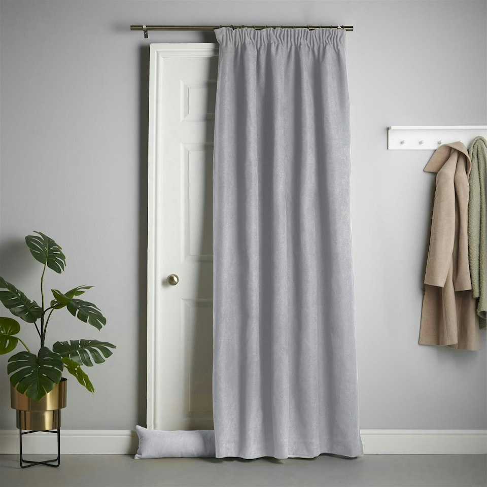 image 1 of Velvet Chenille Thermal Fleece Lined Single Pencil Pleat Taped Top Door Curtain - 137cm x 213cm - Silver