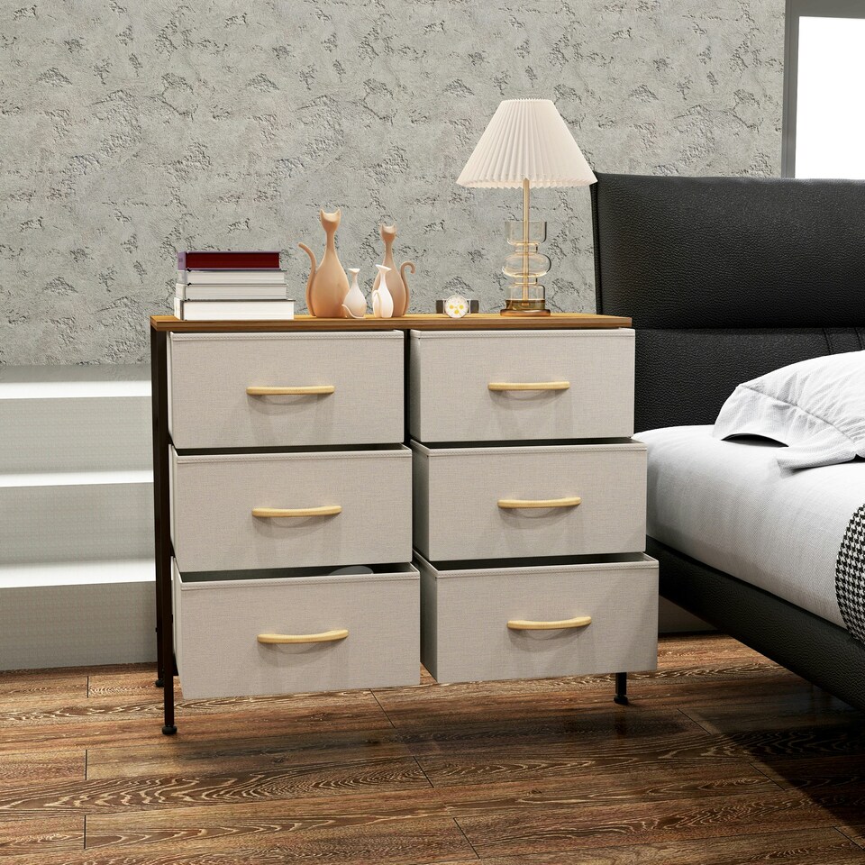 image 1 of HOMCOM 6 Drawer Fabric Chest of Drawers w/ Wooden Top for Hallway Cream Cream