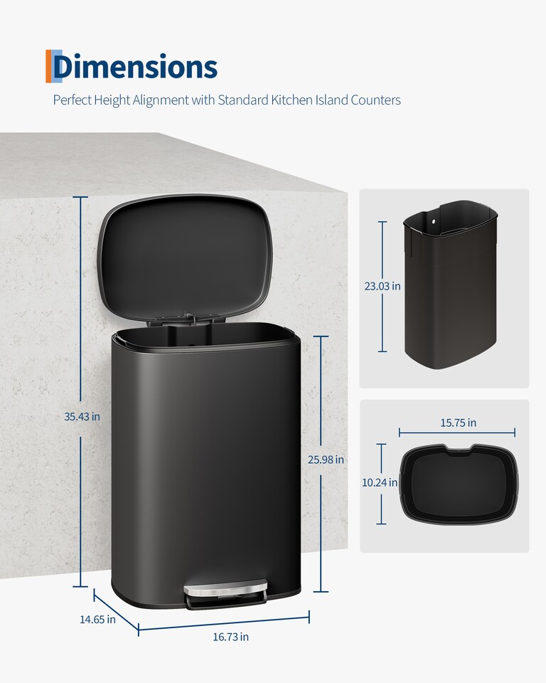 image 1 of London Boutique 50L Pedal Bin Kitchen Trash Can with Soft-Close Lid & Removable Inner Bucket - Black