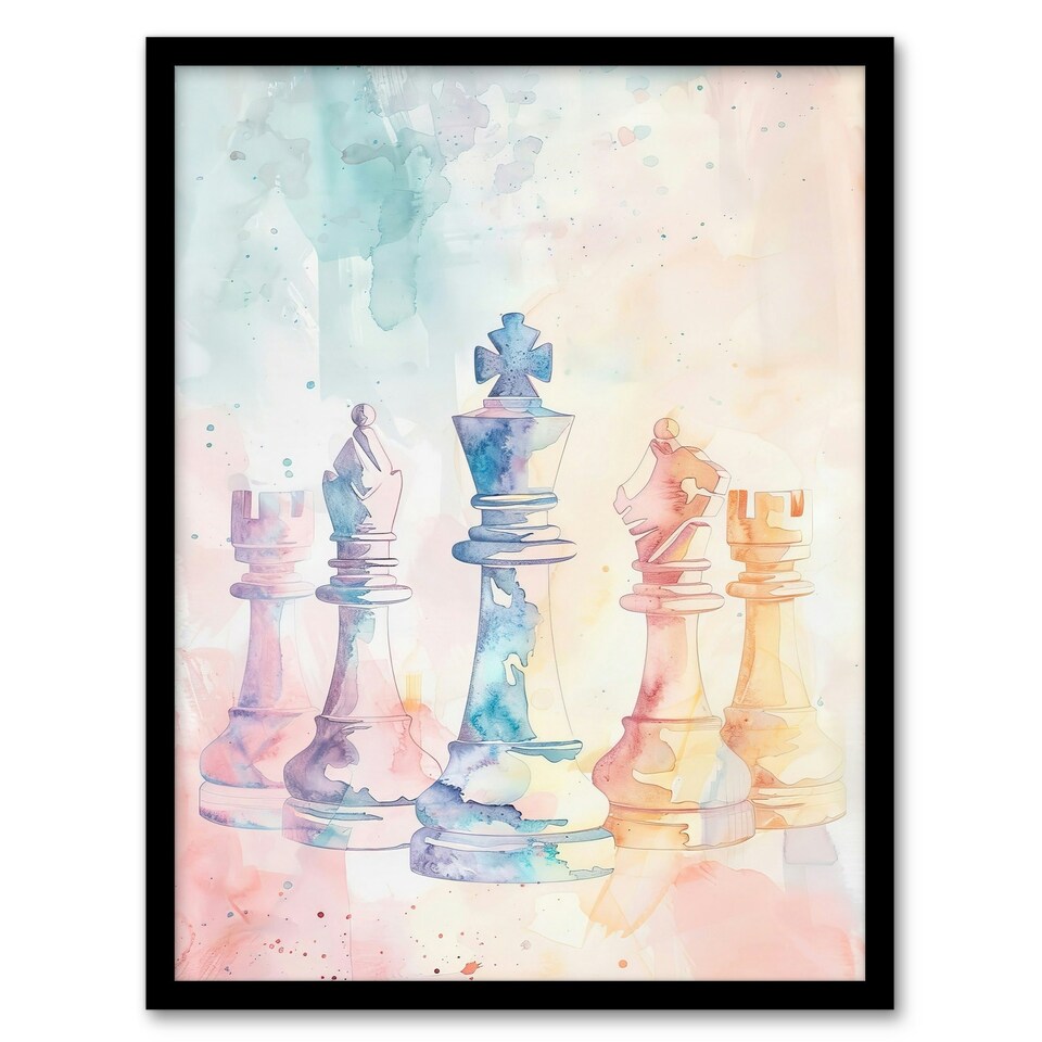 image 1 of Stylised Chess Pieces Light Pastel Home Decor Black Framed Wall Art Print A4